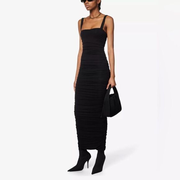 GOOD AMERICAN Ruched Square-neck stretch-rayon Maxi dress in Black NWT